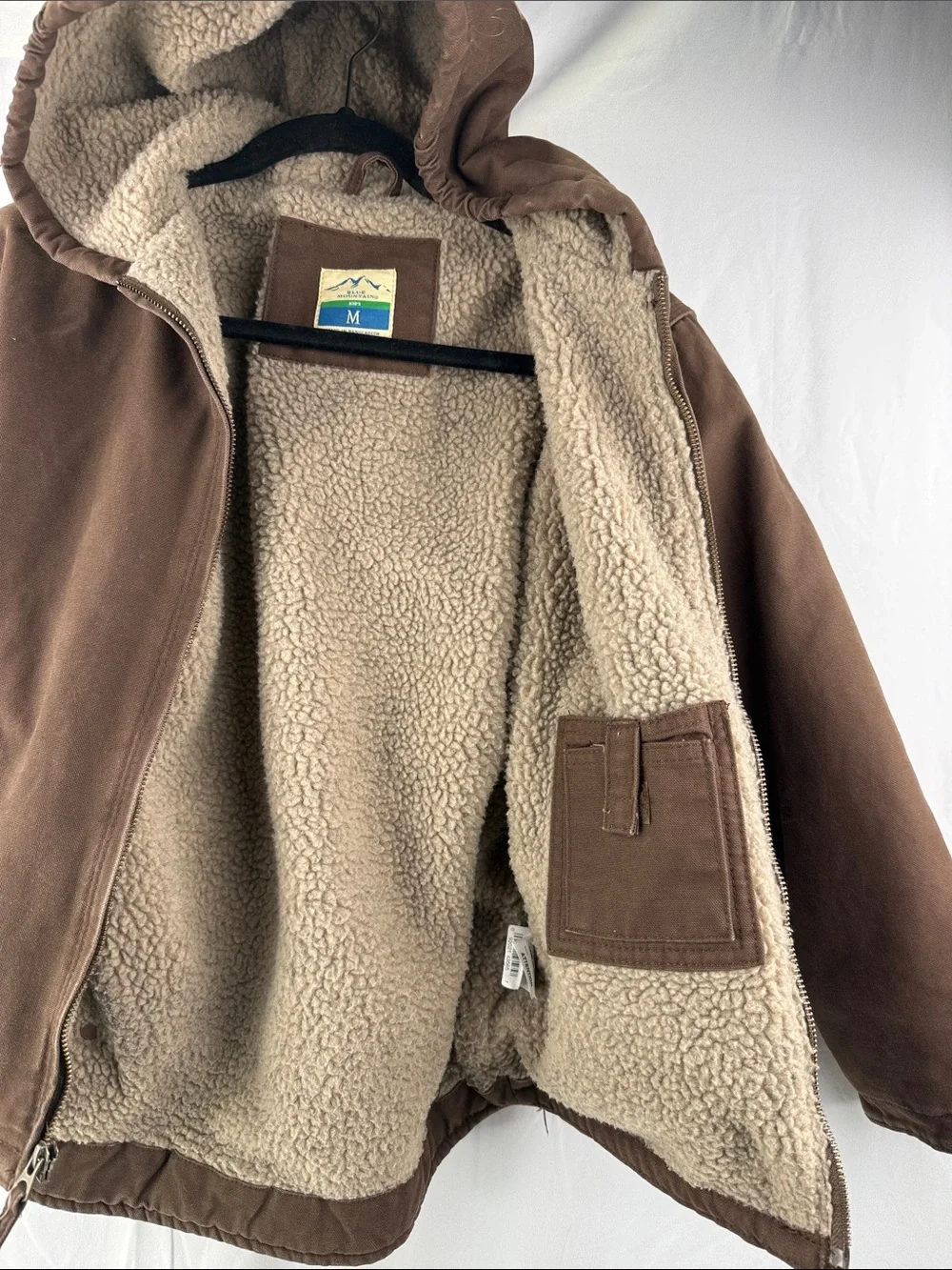 Blue Mountain Kid’s Size Medium 10-12 Brown Hooded Sherpa-Lined 3 Pocket Jacket